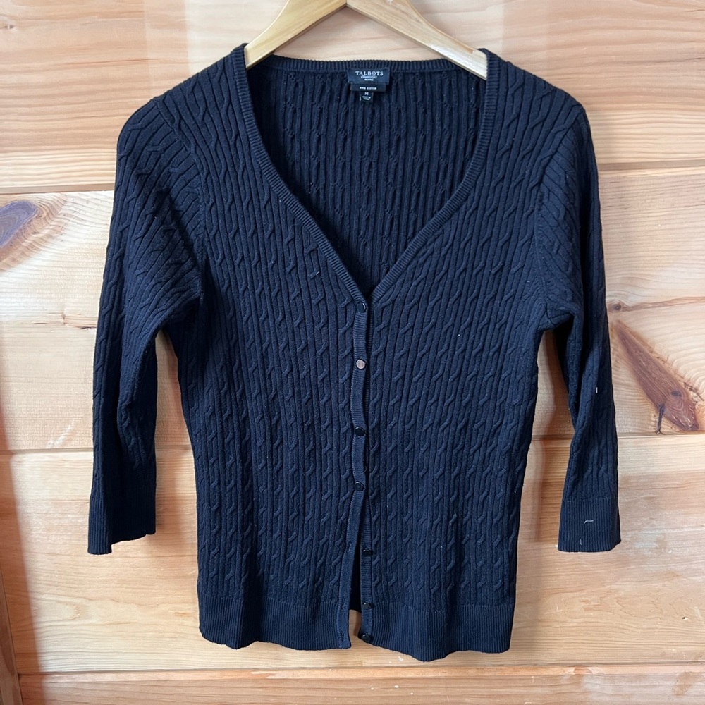 Talbots Black V-Neck Cable Knit Cardigan